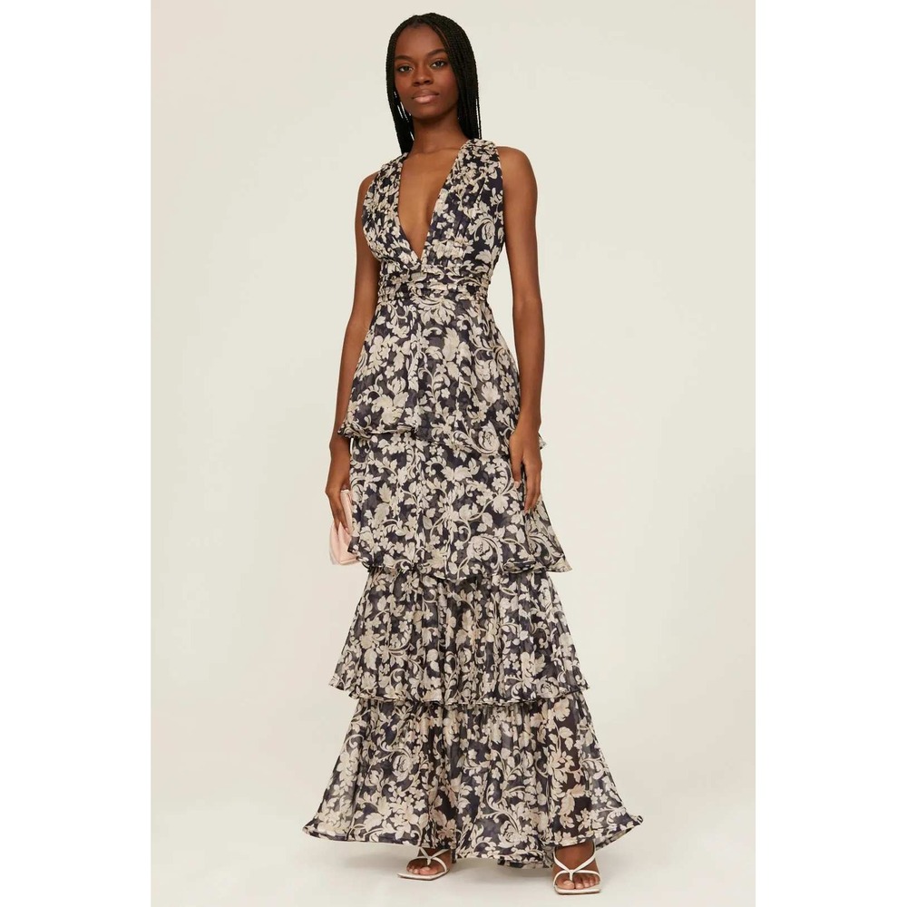 Especia Fatima Gown Black Floral Maxi Dress Tiered Ruffle V-Neck Womens Sz M